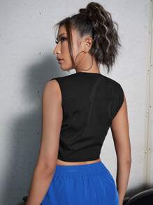 SHEIN ICON Áo hai dây Nút Dây kéo màu trơn Giải trí - màu đen - Xem 2