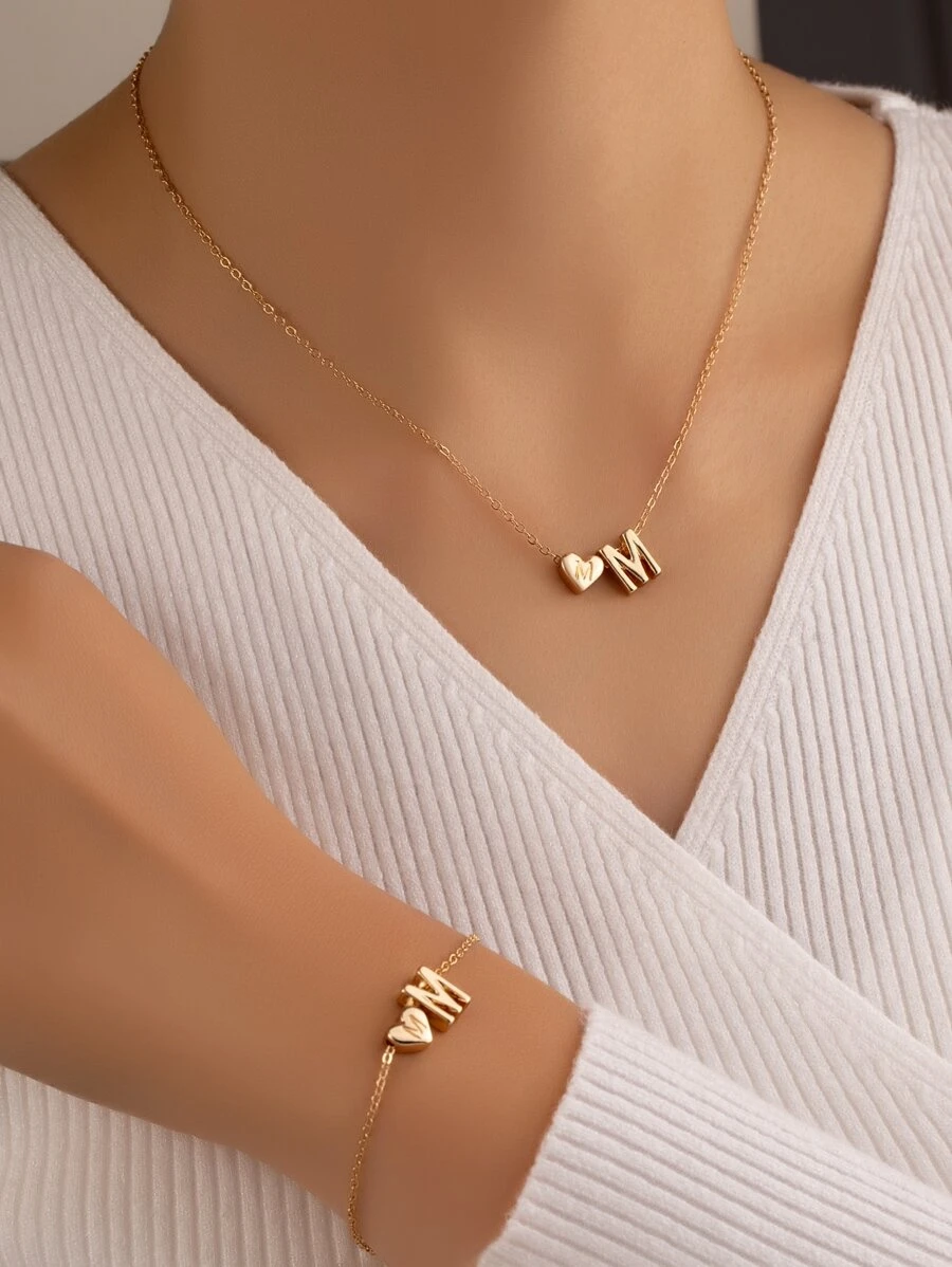 心和字母墜飾項鍊和手環 - 金黃色 - 查看 1