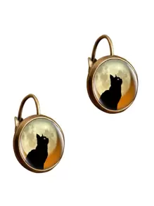 1pc Cat Print Round Earrings Copper Jewelry - Multicolor - View 3