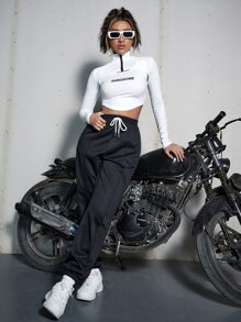 SHEIN Coolane Áo thun nữ Dây kéo Lá thư Giải trí - trắng - Xem 4