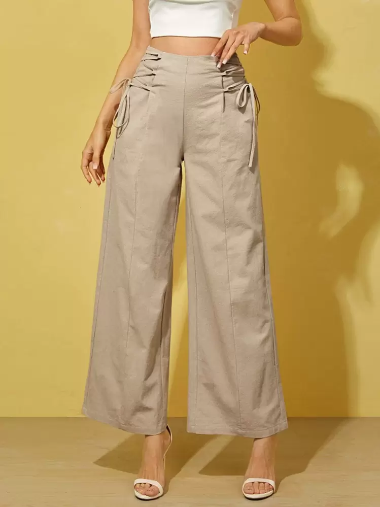 SHEIN Essnce High Waist Lace Up Wide Leg Trousers - Khaki - View 1