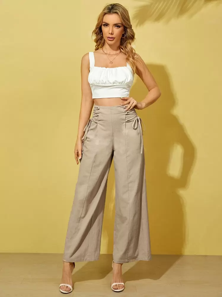 SHEIN Essnce High Waist Lace Up Wide Leg Trousers - Khaki - View 3