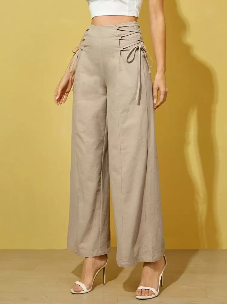 SHEIN Essnce High Waist Lace Up Wide Leg Trousers - Khaki - View 4