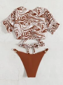 Bikini liền mạch họa tiết dạng vòng - màu nâu - Xem 2