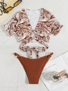 Bikini liền mạch họa tiết dạng vòng - màu nâu - Xem 3