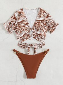 Bikini liền mạch họa tiết dạng vòng - màu nâu - Xem 5