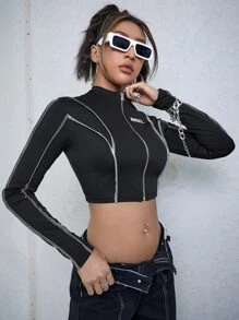 SHEIN ICON Bikercore Seam Detail Zip Up Tee - Black - View 3