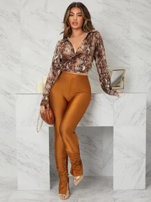 SHEIN SXY Pantalones unicolor fruncido bajo con abertura - Marrón - Ver 3