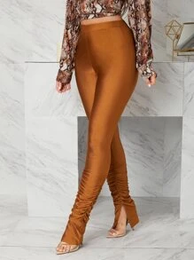 SHEIN SXY Pantalones unicolor fruncido bajo con abertura - Marrón - Ver 5