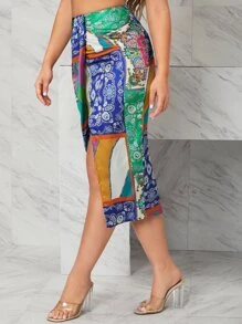 SHEIN VCAY Paisley And Patchwork Print Split Thigh Skirt - Multicolor - View 4