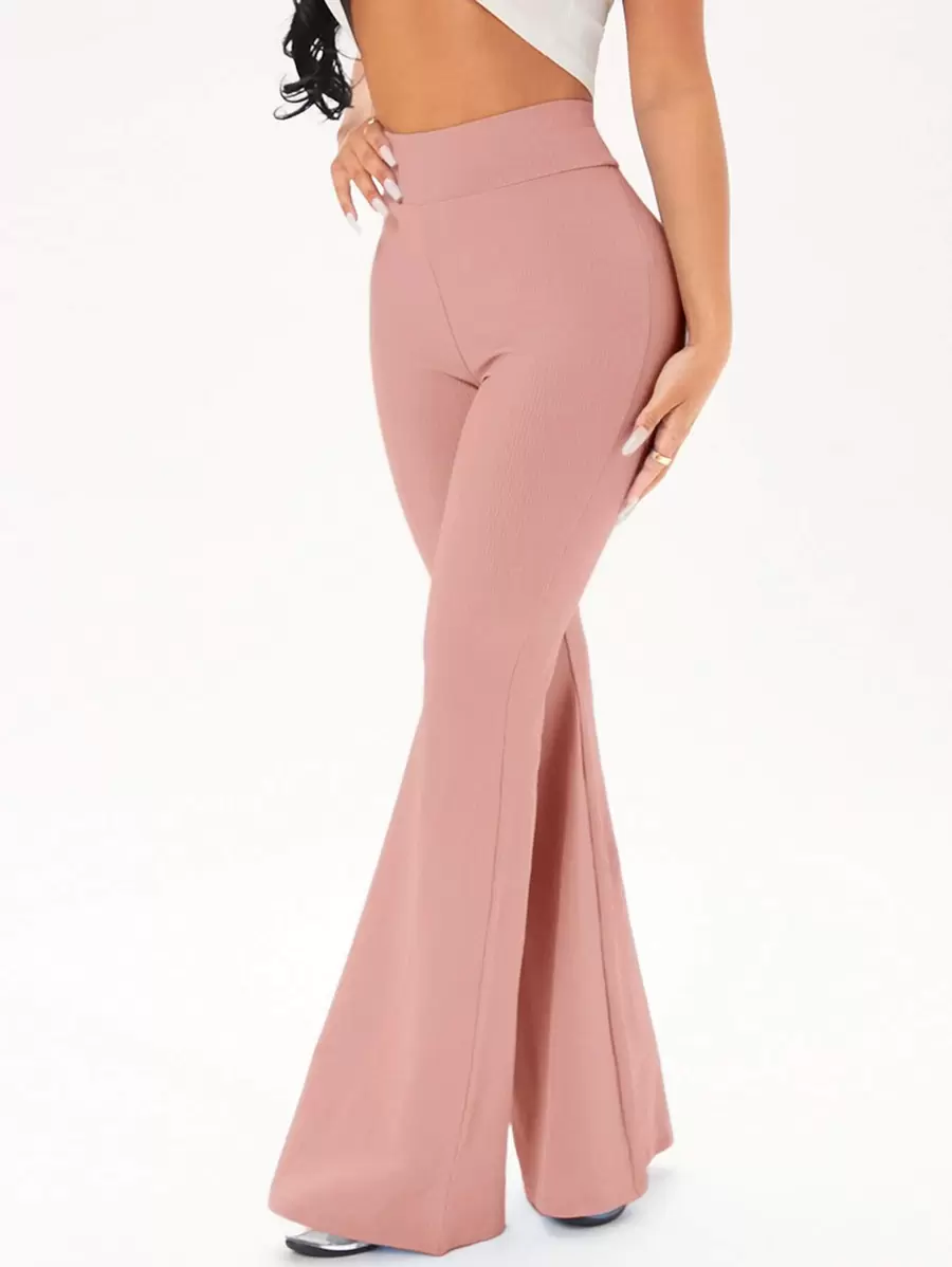 SHEIN SXY 素色螺紋針織喇叭褲 - 藕粉色 - 查看 1