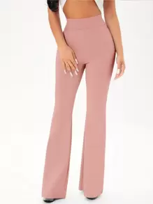 SHEIN SXY 素色螺紋針織喇叭褲 - 藕粉色 - 查看 3
