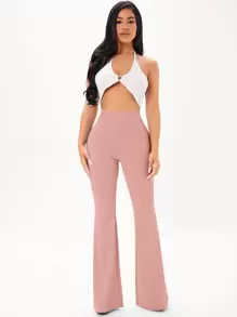 SHEIN SXY 素色螺紋針織喇叭褲 - 藕粉色 - 查看 4