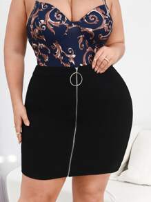 SHEIN Privé Plus O-ring Zipper Up Bodycon Skirt - Black - View 1