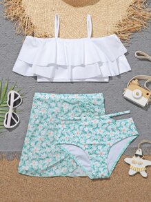 Tween Girl Floral Tiered Ruffle Hem Bikini Set With Beach Skirt Summer Beach - White - View 1
