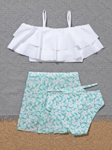 Tween Girl Floral Tiered Ruffle Hem Bikini Set With Beach Skirt Summer Beach - White - View 2