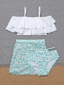 Tween Girl Floral Tiered Ruffle Hem Bikini Set With Beach Skirt Summer Beach - White - View 5