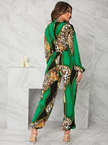 SHEIN SXY 豹紋和幾何印花燈籠袖連身褲 - 彩色 - 查看 2