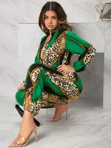 SHEIN SXY 豹紋和幾何印花燈籠袖連身褲 - 彩色 - 查看 3
