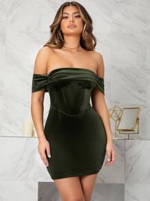 SHEIN Off Shoulder Velvet Bodycon Dress - Dark Green - View 4