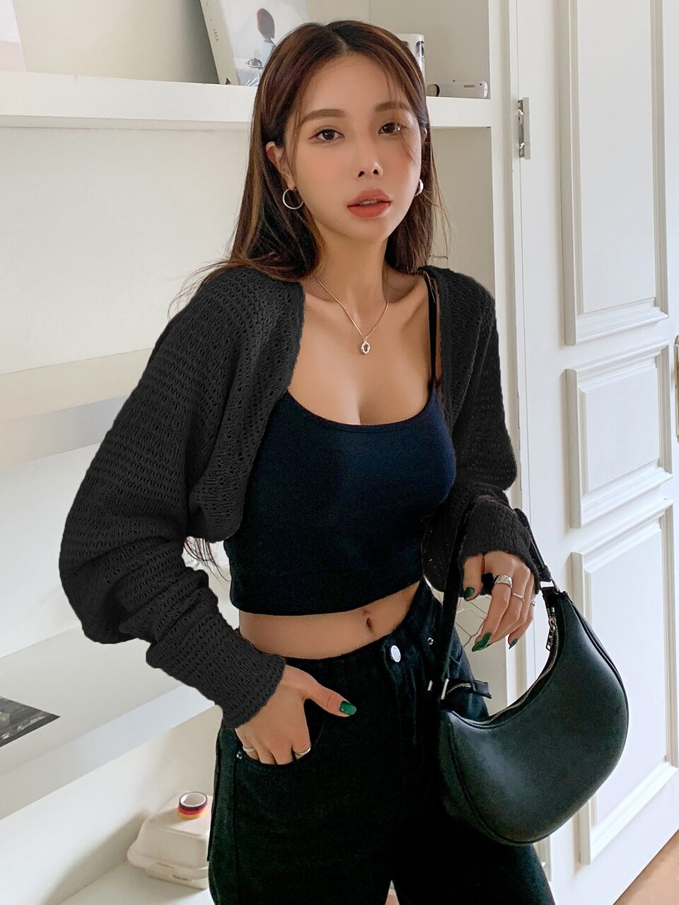 Pointelle Knit Open Front Crop Cardigan,Long Sleeve Tops,Fall Clothes
