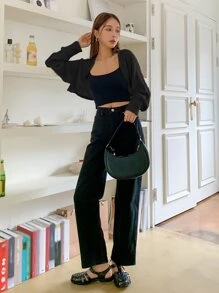 DAZY Pointelle Knit Open Front Crop Cardigan,Long Sleeve Tops,Fall Clothes - Black - View 4