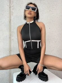 Reflective Binding Detail Halter Unitard Romper - Black - View 3