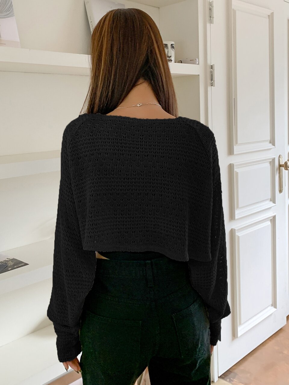 Pointelle Knit Open Front Crop Cardigan,Long Sleeve Tops,Fall Clothes