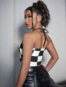 棋盤格印花掛脖上衣 - 黑與白 - 查看 2