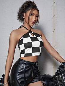 棋盤格印花掛脖上衣 - 黑與白 - 查看 6