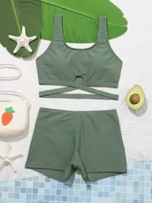 Teen Girls Wrap Cut Out Bikini Set Summer Beach - Green - View 1