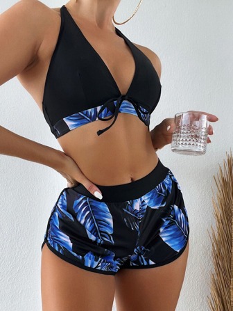 Set di bikini con stampa floreale e nodo anteriore con pantaloncini da bagno, adatto per vacanze estive in spiaggia