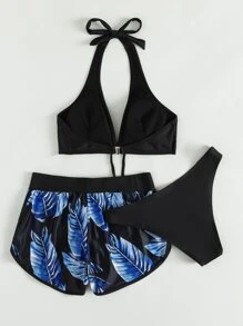 Plant Print Knot Front Bikini Set With Swim Shorts, For Summer Beach Vacation - Blue - View 2