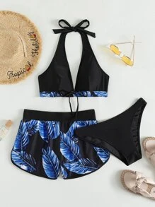 Plant Print Knot Front Bikini Set With Swim Shorts, For Summer Beach Vacation - Blue - View 5