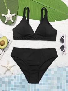 Conjunto de bikini estriado liso para adolescentes, verano playa - Negro - Ver 1