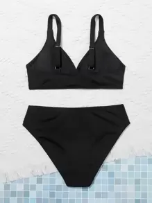 Conjunto de bikini estriado liso para adolescentes, verano playa - Negro - Ver 2