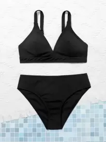 Conjunto de bikini estriado liso para adolescentes, verano playa - Negro - Ver 3
