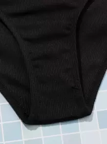 Conjunto de bikini estriado liso para adolescentes, verano playa - Negro - Ver 5