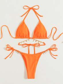 Swim SXY 夏季沙灘字母裝飾鏈接領帶比基尼 - 珊瑚橙 - 查看 3