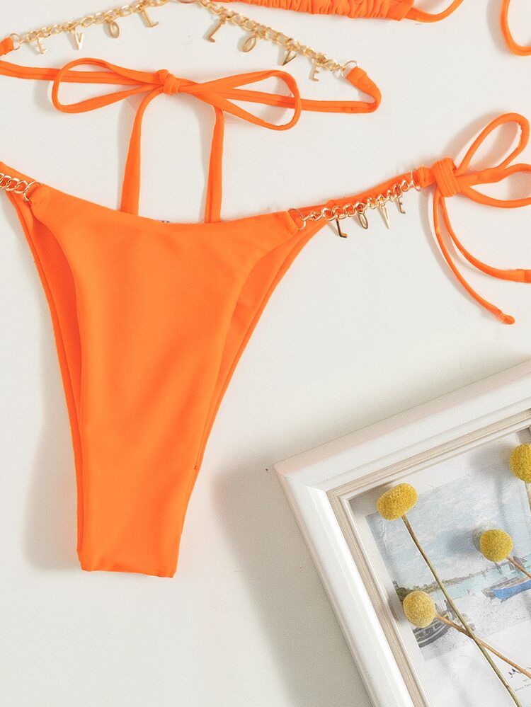 Swim SXY 夏季沙灘字母裝飾鏈接領帶比基尼 - 珊瑚橙 - 查看 6