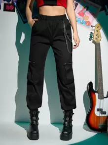 ROMWE Grunge Punk Zipper Flap Pocket Cargo Trousers - Black - View 5