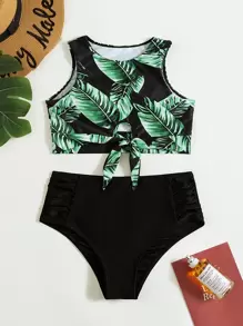 SHEIN Swim Bãi biển mùa hè Bộ bikini in họa tiết nhiệt đới Nút thắt viền áo ba lỗ & Bikini cạp cao Bikini 2 mảnh - Nhiều màu - Xem 4