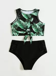 SHEIN Swim Bãi biển mùa hè Bộ bikini in họa tiết nhiệt đới Nút thắt viền áo ba lỗ & Bikini cạp cao Bikini 2 mảnh - Nhiều màu - Xem 5