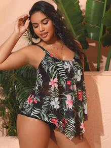 SHEIN Swim Curve Summer Beach Plus Size Tropical Print Flounce Hem Bikini Set - Multicolor - View 1