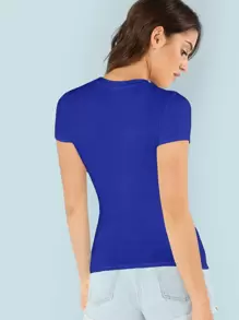 SHEIN Essnce Áo thun trơn dáng ôm - Xanh đậm - Xem 2