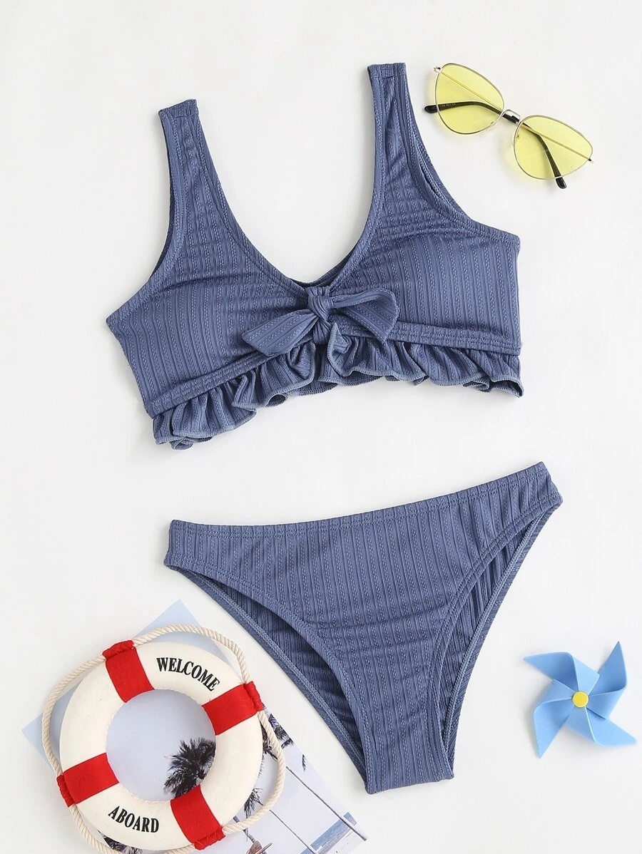 Tween Girl Frill Hem Knot Front Bikini Set Summer Beach - Dusty Blue - View 1