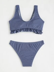 Tween Girl Frill Hem Knot Front Bikini Set Summer Beach - Dusty Blue - View 2