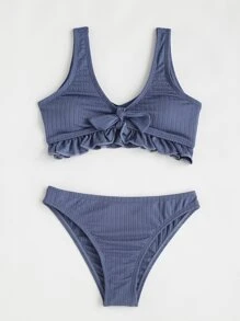 Tween Girl Frill Hem Knot Front Bikini Set Summer Beach - Dusty Blue - View 5