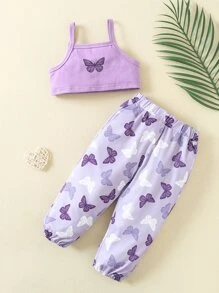 Bebé Top de tirantes con estampado de mariposa con pantalones - Morado - Ver 1