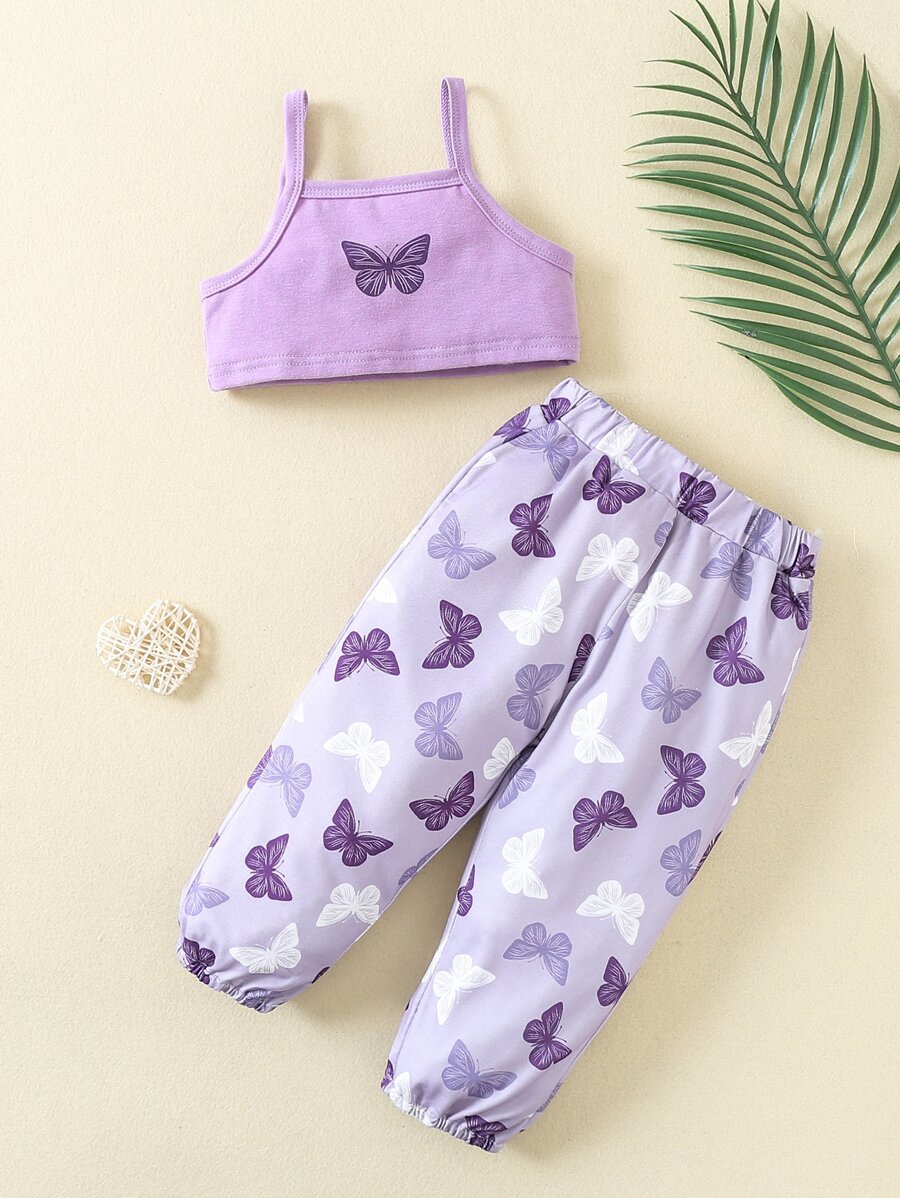 Bebé Top de tirantes con estampado de mariposa con pantalones - Morado - Ver 1